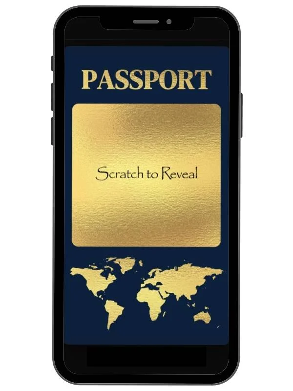 Collection of trip and travel reveal digital scratch cards with passport and destination designs by NylaLand