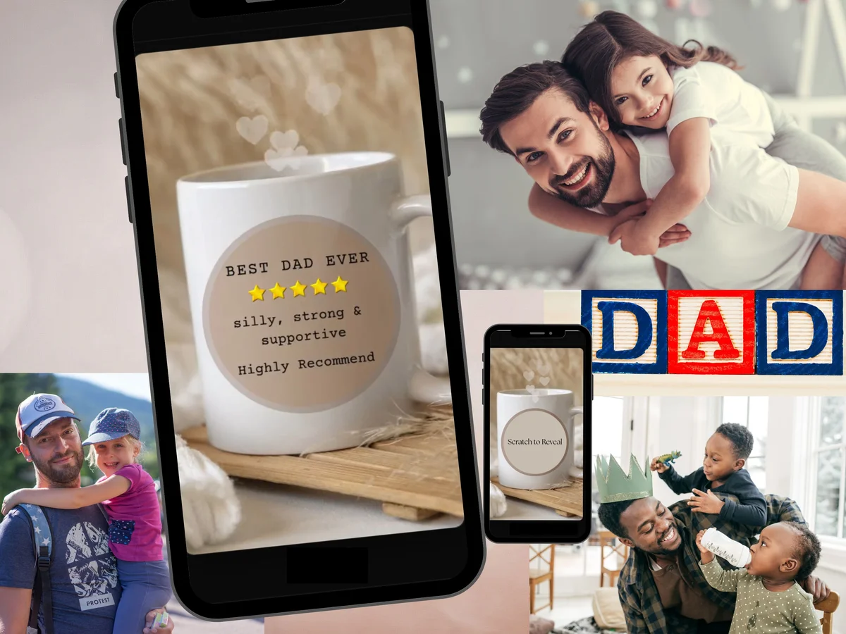 Digital scratch card for Dad with Best Dad Ever coffee mug illustration and personalised appreciation message reveal