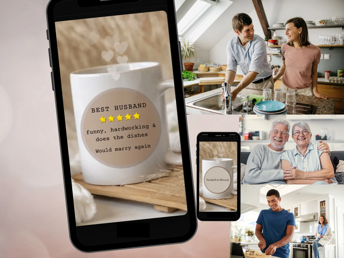 Digital love scratch card for husband with Best Husband coffee mug illustration and personalised message reveal