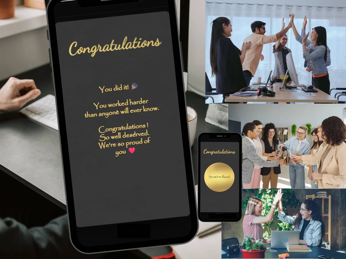 Congratulations digital scratch card with dark background, elegant gold script text and large gold circle scratch reveal