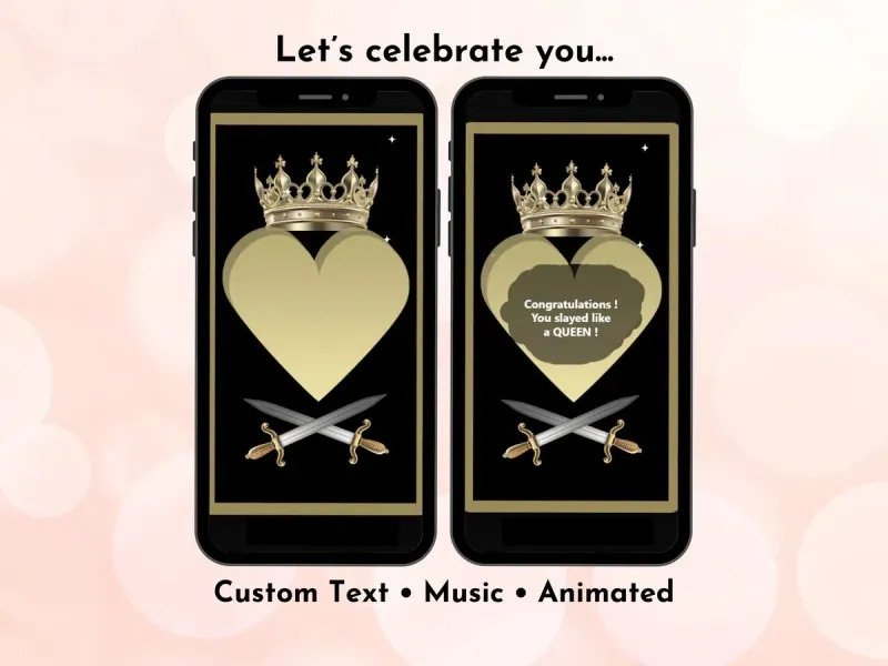 Queen of Hearts digital scratch card with royal crown and heart design, funny congratulations and praise reveal by NylaLand