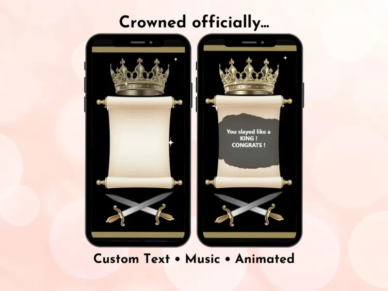 King scroll digital scratch card with royal crown and scroll design, funny congratulations and praise reveal