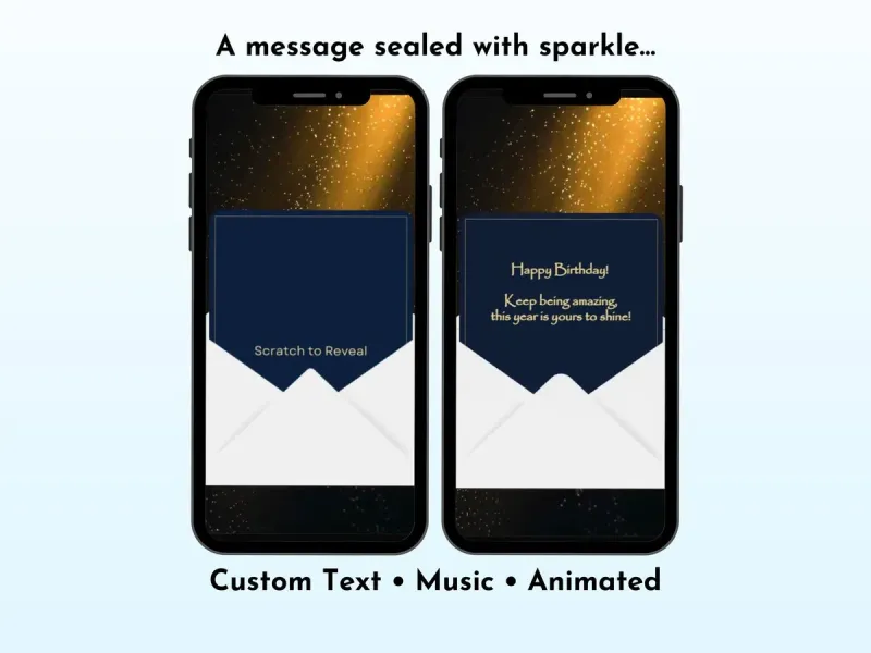 Elegant birthday message digital scratch card with navy blue background and gold spotlight reveal, for adult birthdays