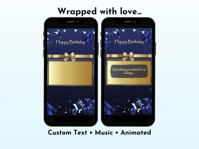 Elegant navy gold birthday digital scratch card with party design and gold foil scratch reveal for adult birthdays