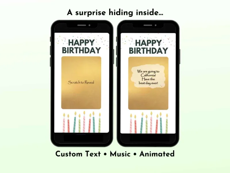 Elegant gold birthday scratch card with candles and confetti animation, digital reveal by NylaLand