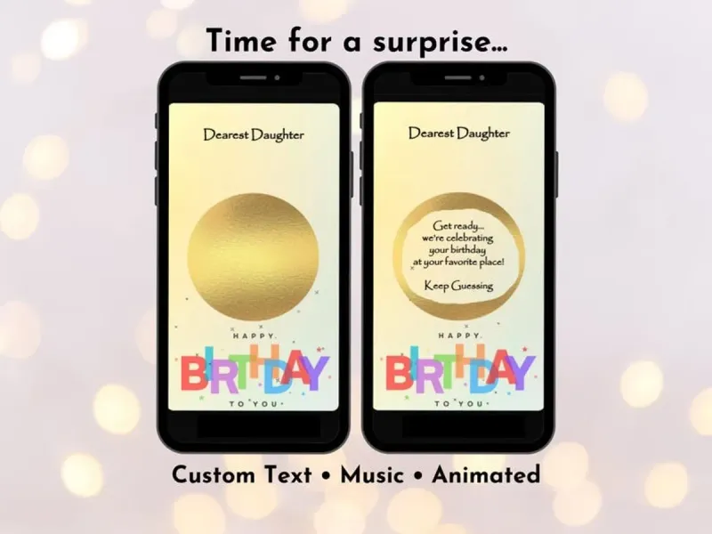 Pastel yellow simple birthday digital scratch card with cheerful design and hidden message gold foil reveal