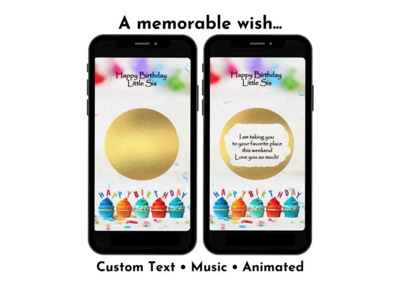 Fun birthday digital scratch card with colourful cupcakes and confetti design and interactive gold foil reveal