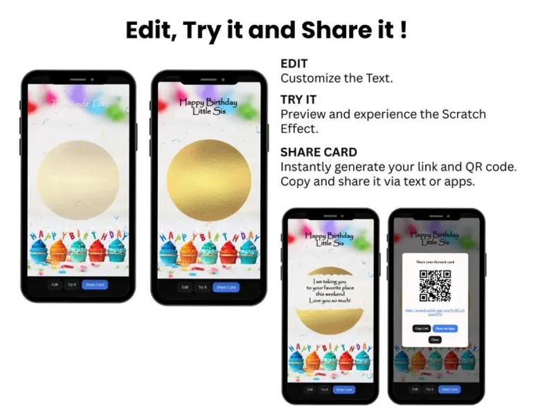 Fun Birthday Scratch Card with Cupcakes and Confetti, Digital Interactive Reveal