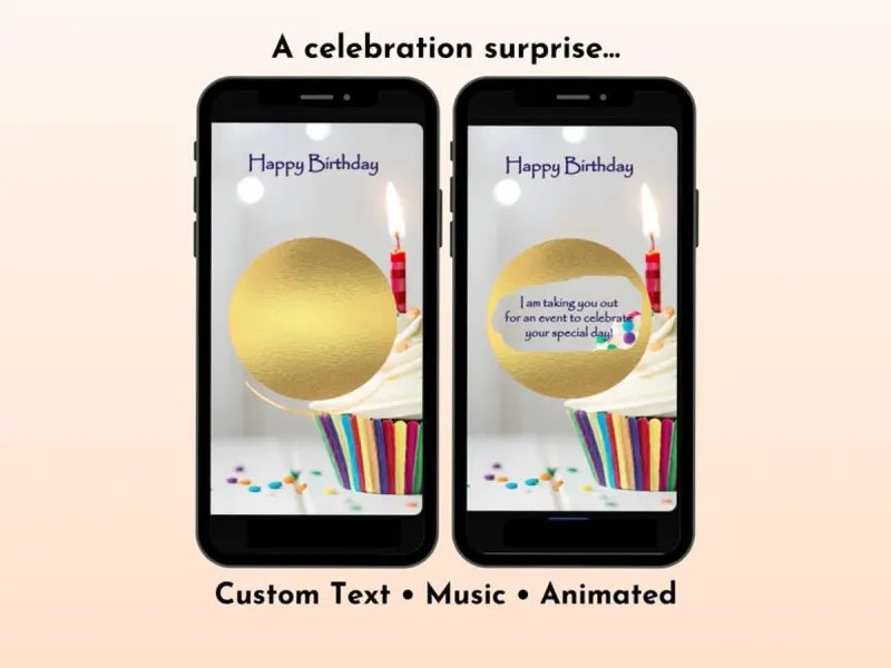 Elegant cupcake birthday digital scratch card with gold cupcake illustration and gold foil scratch reveal area