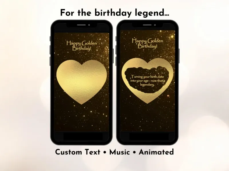Golden glitter birthday digital scratch card with gold glitter animation and gold hearts for milestone birthday reveals