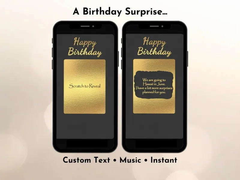 Happy Birthday premium gold foil digital scratch card with luxurious gold ticket design and personalised message reveal