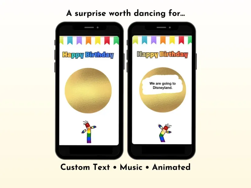 Interactive birthday scratch card with animated dancing figure and music, digital personalised reveal by NylaLand