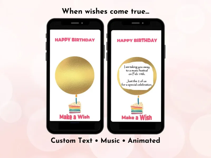 Make a Wish birthday digital scratch card with cupcake and birthday candle illustration, heartfelt message reveal