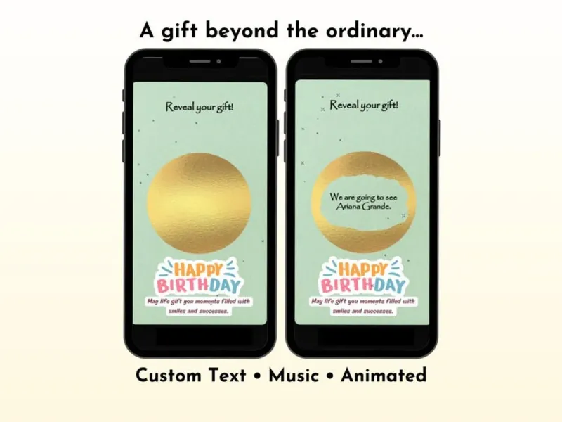 Classic birthday gift reveal scratch card in soft pastel green tones with gold foil scratch area and hidden message