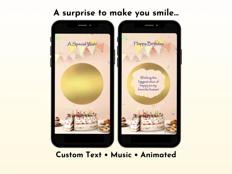 Special wish birthday scratch card with illustrated peach birthday cake and gold foil scratch reveal