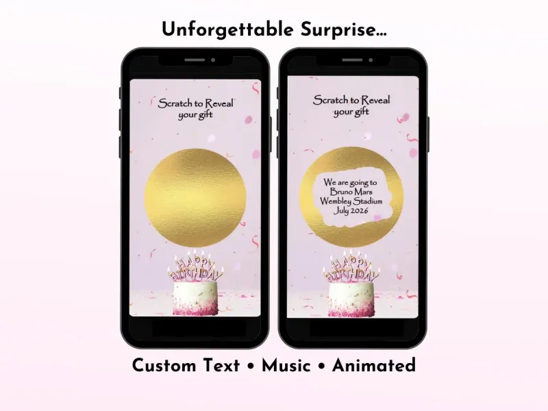 Birthday digital scratch card with pink gold birthday cake and confetti design and personalised message reveal