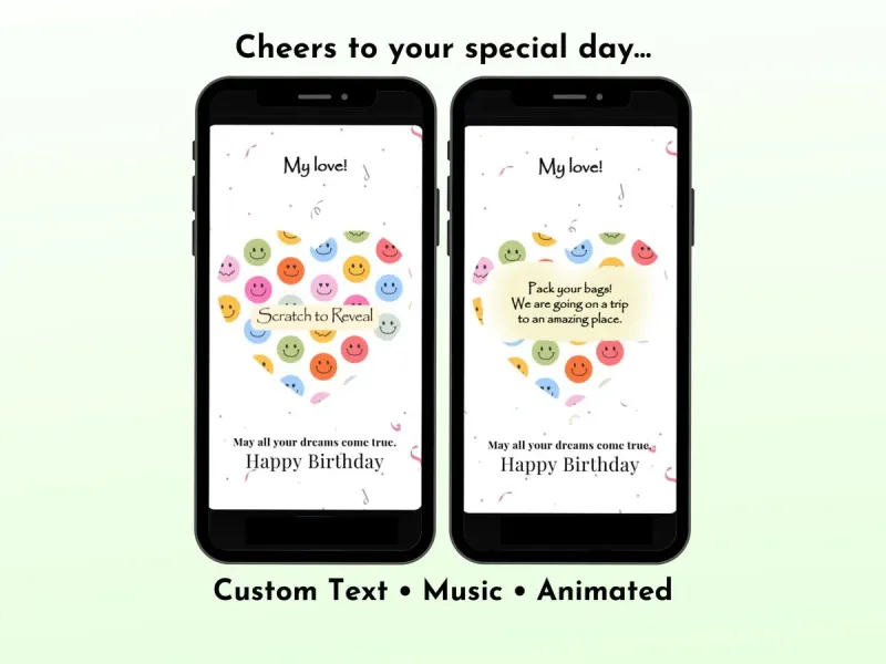 Happy Birthday smiley heart digital scratch card with fun colourful smiley faces and hearts, interactive reveal