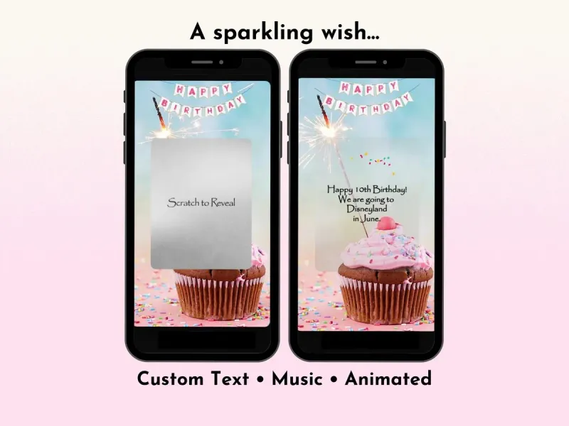 Birthday cupcake sparkler digital scratch card with colourful confetti and gold foil scratch reveal area