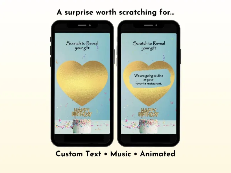 Sweet heart birthday scratch card with soft pastel confetti, sprinkles cake and gold hearts digital reveal