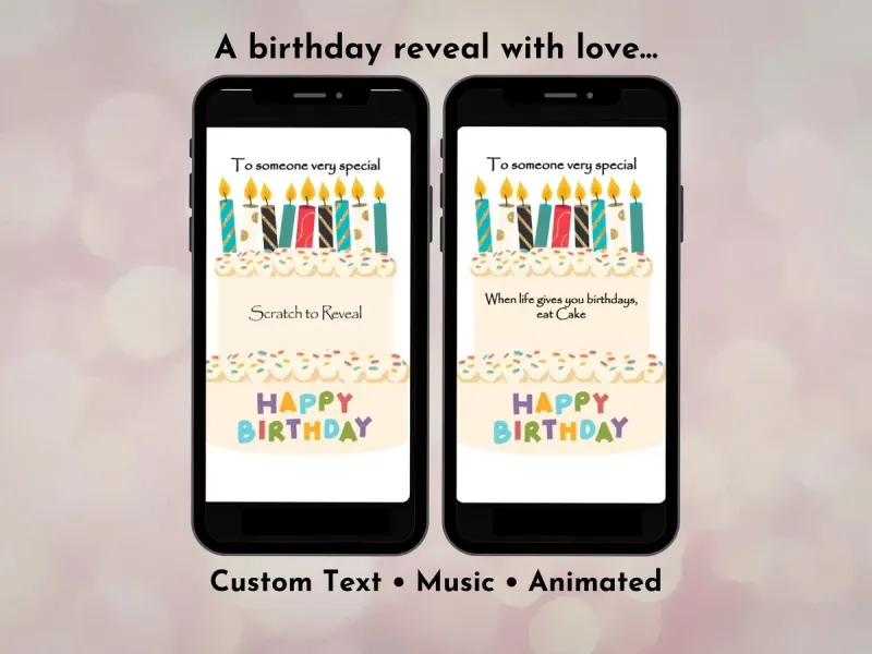 Tiered birthday cake digital scratch card with illustrated colourful cake layers and gold foil scratch reveal