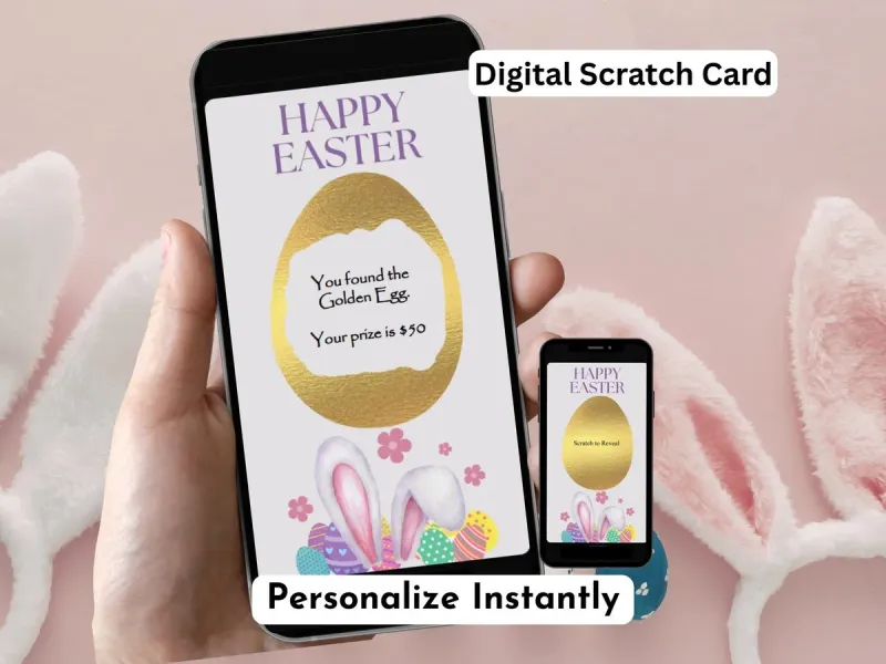 Easter golden egg digital scratch card with shimmering egg reveal and confetti animation by NylaLand
