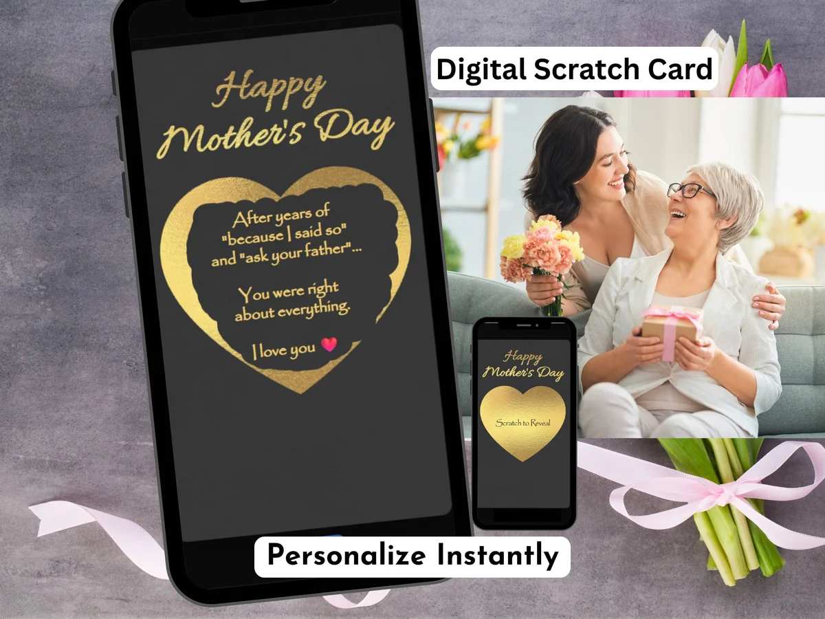 Happy Mother's Day digital scratch card with dark background, gold script text and gold heart scratch reveal