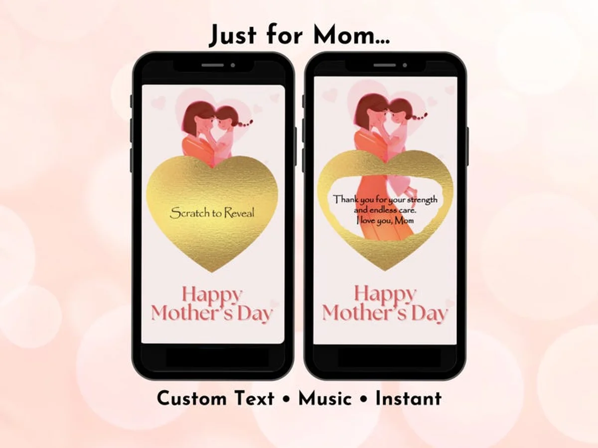 Mother's Day digital scratch card with heart reveal design and custom love message for Mum