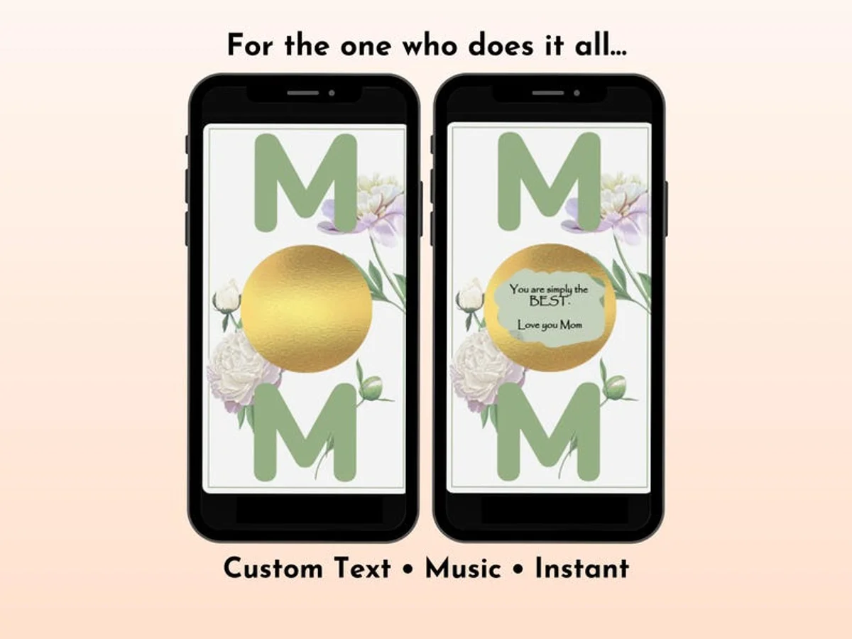 Mom floral digital scratch card with peony and botanical design in pink and green tones, hidden message reveal