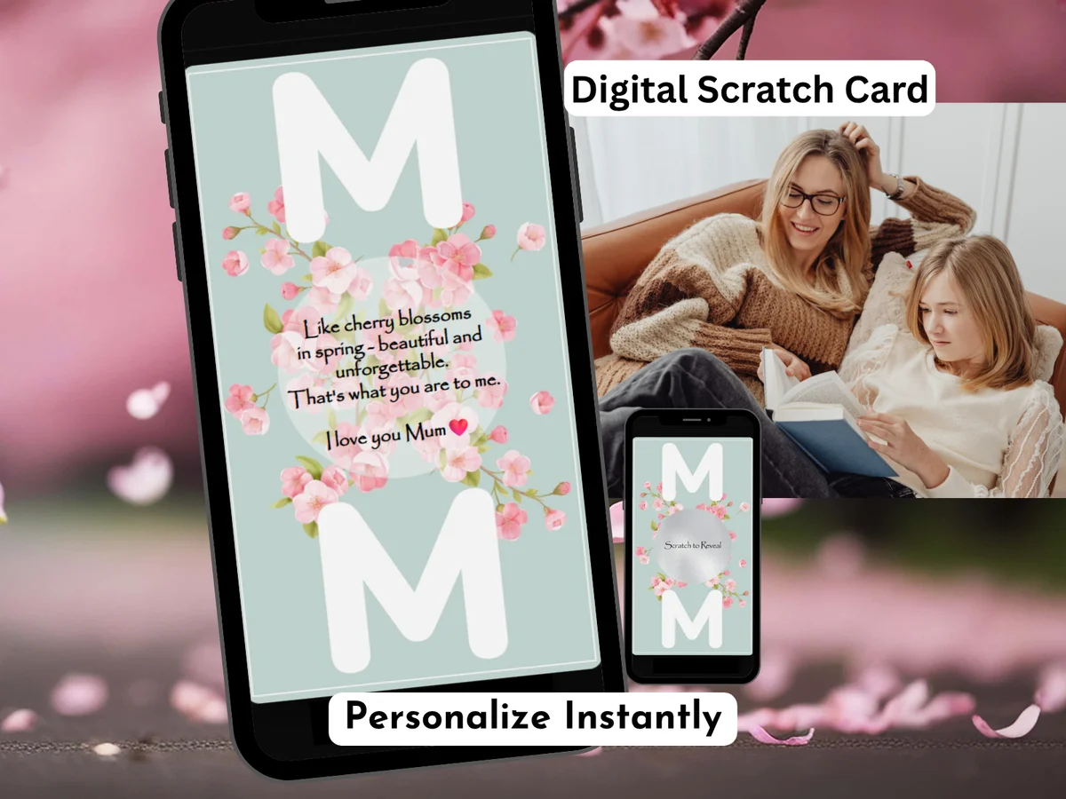 Cherry blossom digital scratch card for Mum with sage green background, pink sakura flowers and silver scratch reveal