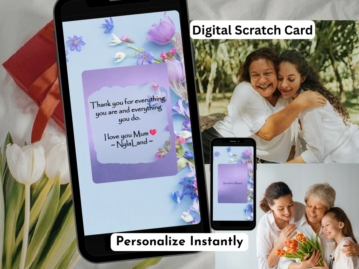 Spring flowers digital scratch card for Mum with lavender floral background and purple scratch reveal area