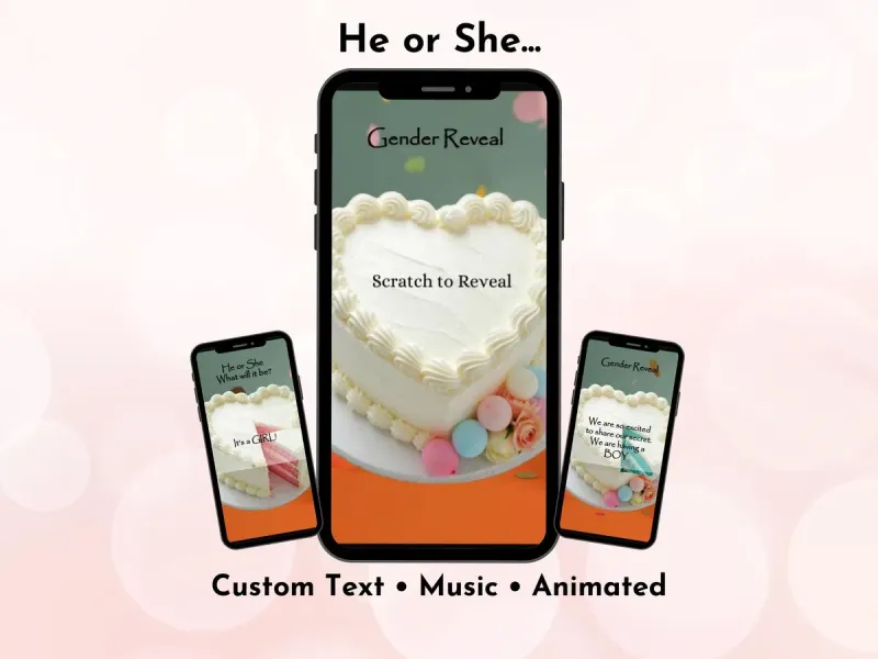 Girl gender reveal cake digital scratch card with pink cake party reveal design, it's a girl announcement