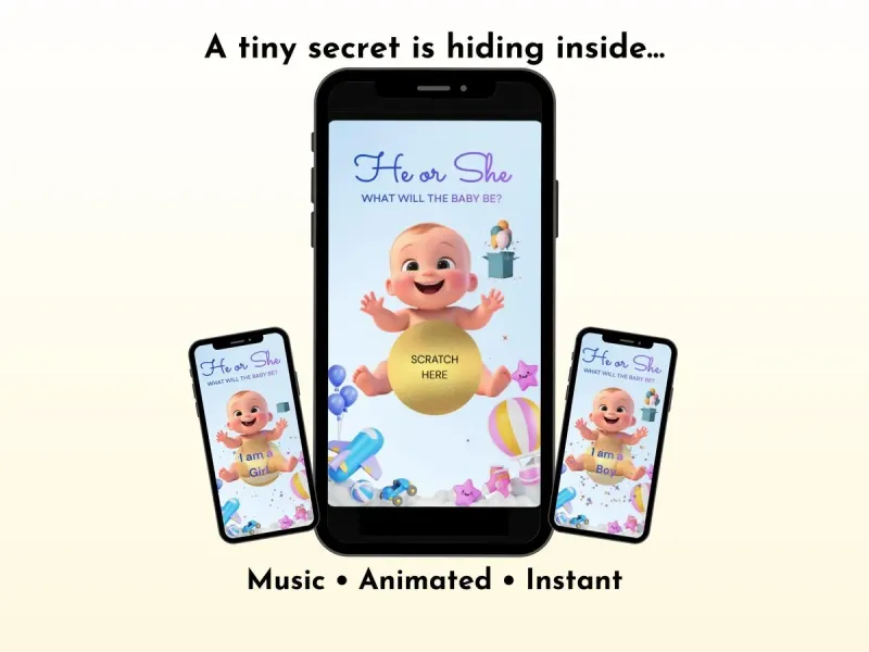 Baby girl gender reveal digital scratch card with cute cartoon baby in pink confetti design, ready to send instantly