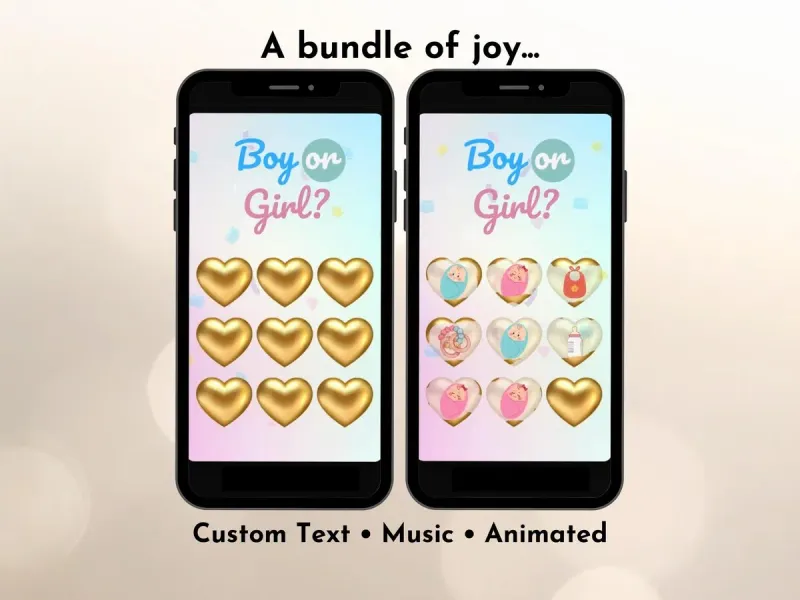 Girl gender reveal tic-tac-toe digital scratch card game with gold heart foils and pink confetti for baby shower party