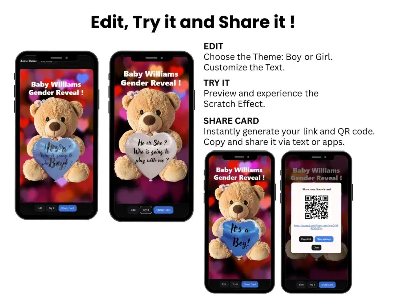 Girl | Teddy Bear Gender Reveal Scratch Card, Pregnancy Reveal