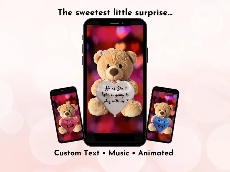 Teddy bear gender reveal digital scratch card with pink teddy bear design, sentimental it's a girl reveal