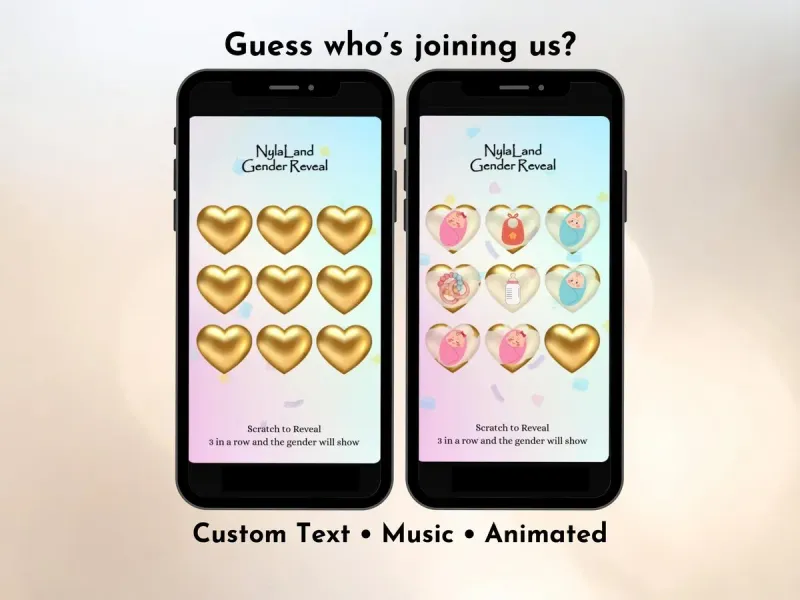 Personalised gender reveal tic tac toe game for girl with custom title, interactive baby shower party reveal