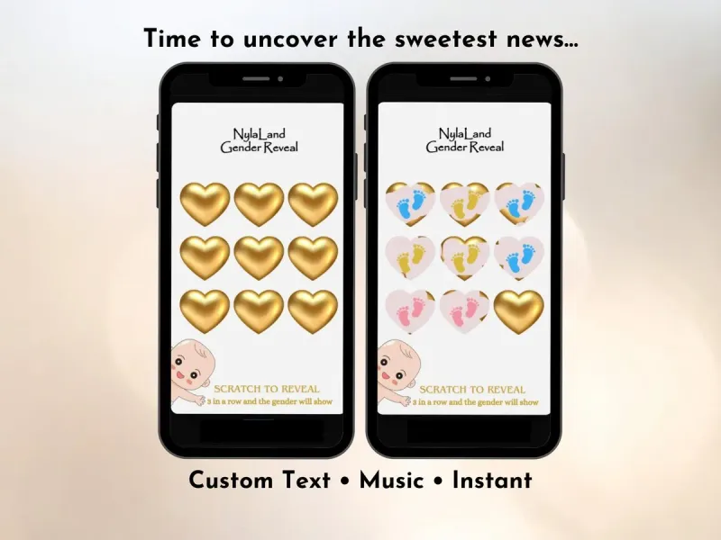 Girl gender reveal tic tac toe digital scratch card with pink baby footprints design and scratch reveal result