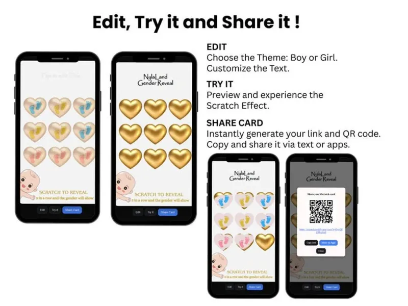 Girl Gender Reveal Tic Tac Toe Game Digital, Baby Footprints Scratch Reveal