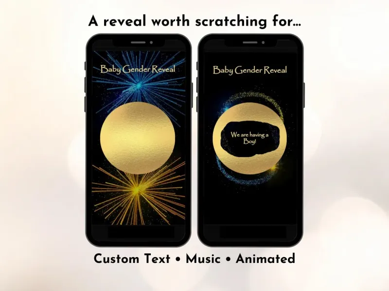 Radiant gender reveal digital scratch card with elegant yellow blue glitter and gold dramatic baby reveal design
