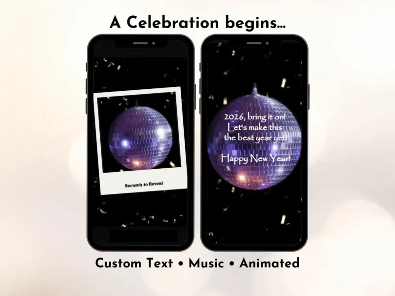 Disco ball digital scratch card with glittering disco ball and gold confetti animation for New Year party reveals