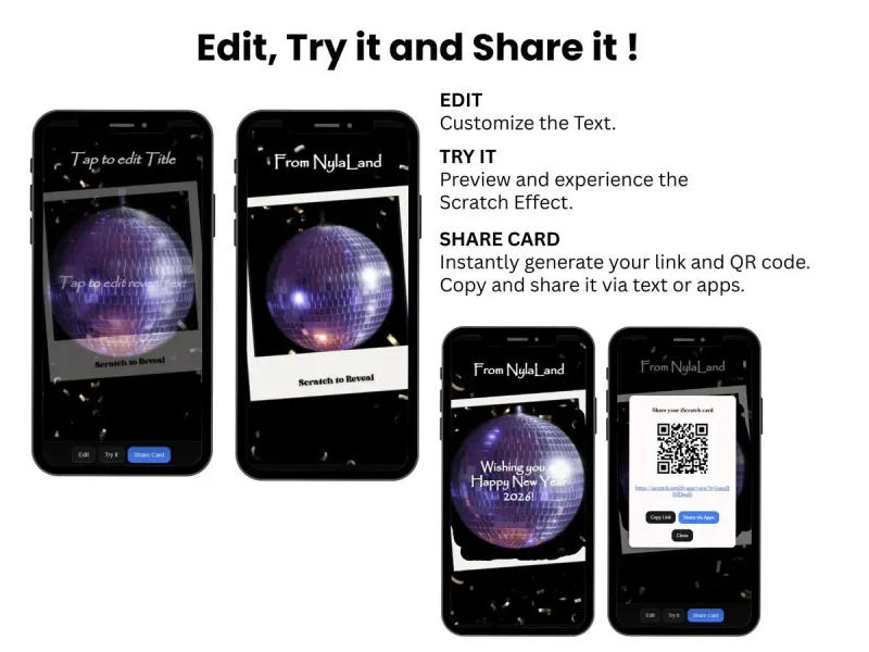 Disco Ball Scratch Card Digital, New Year Party Reveal, Celebration Surprise Card