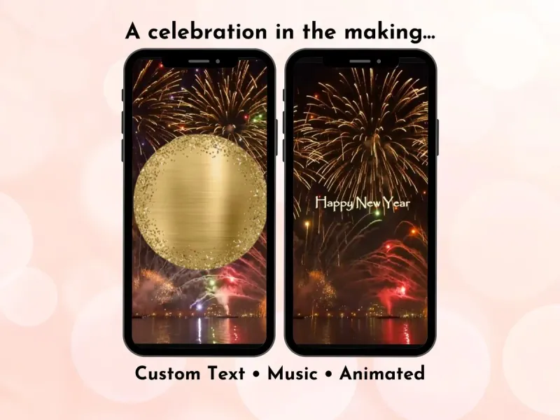 Fireworks celebration digital scratch card with gold glitter and fireworks animation for New Year and milestone reveals