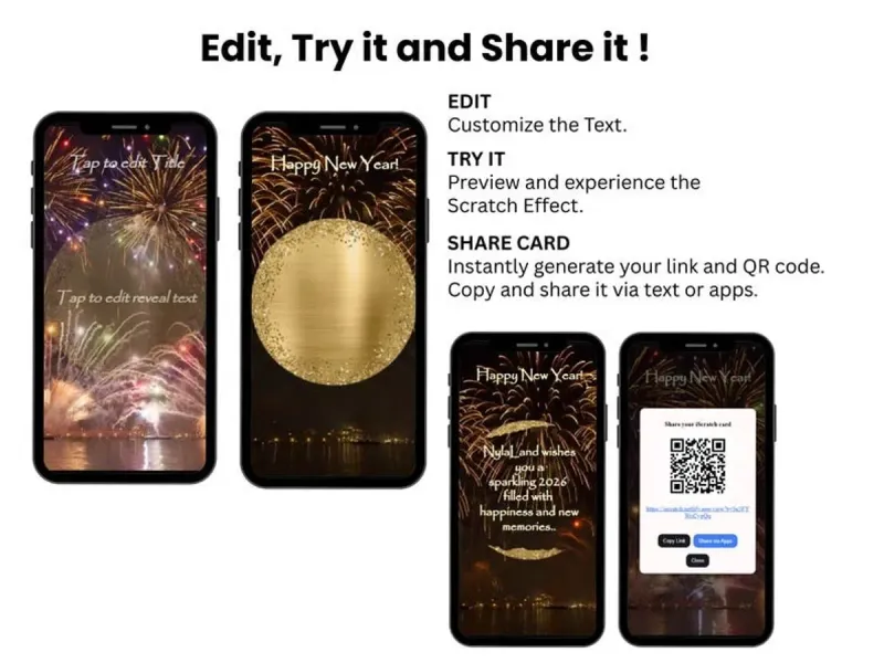 Fireworks Celebration Scratch Card Digital, New Year or Milestone Reveal, Gold Glitter Surprise