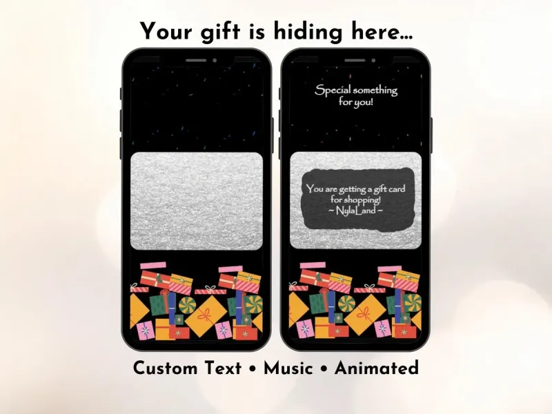 Gift surprise digital scratch card with animated gift stack and present reveal design, personalised message