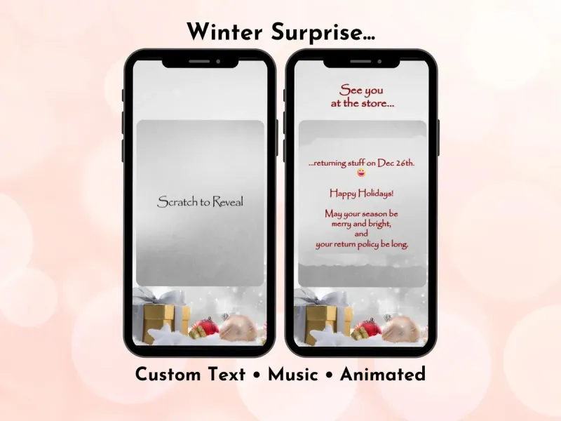 Rustic holiday digital scratch card with gold gift box and silver pinecone design, elegant winter message reveal