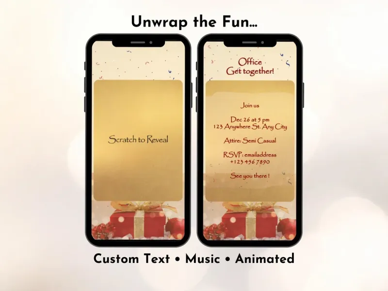 Present reveal digital scratch card with red gift box and gold ribbon festive design, holiday surprise message reveal