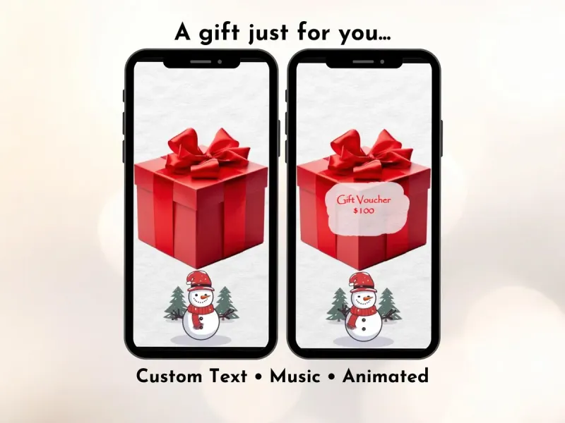 Gift reveal digital scratch card with cheerful snowman and gift box holiday design, personalised message reveal