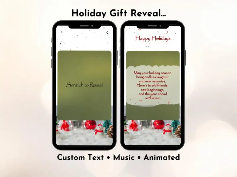 Cute holiday digital scratch card with cheerful snowman on green background and personalised winter message reveal