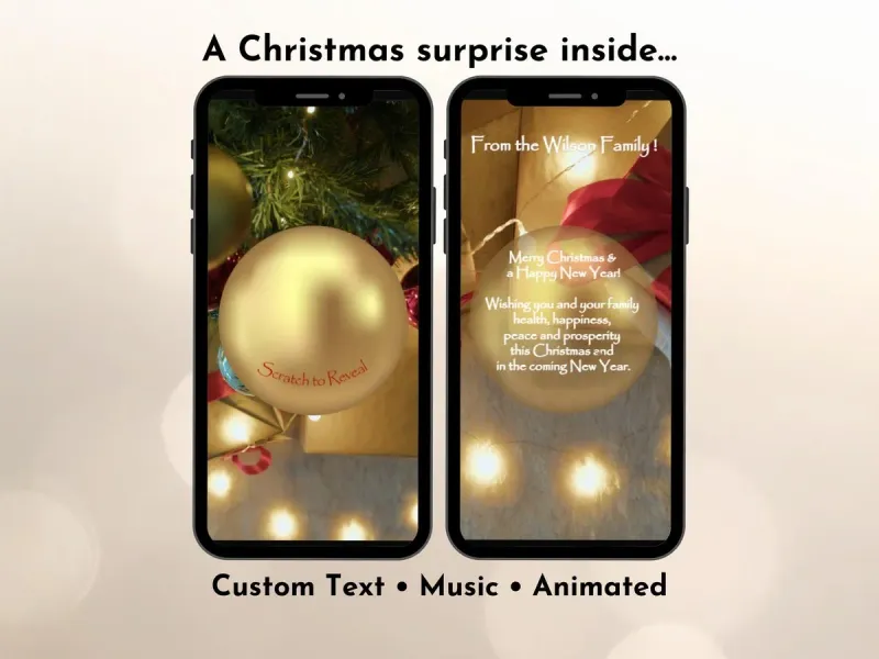Christmas scratch card digital with classic illuminated holiday tree design and personalised Merry Christmas message reveal