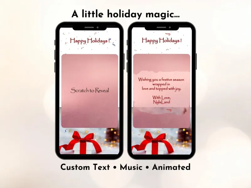 Gift reveal digital scratch card with white gift box and red ribbon festive design, personalised holiday message reveal